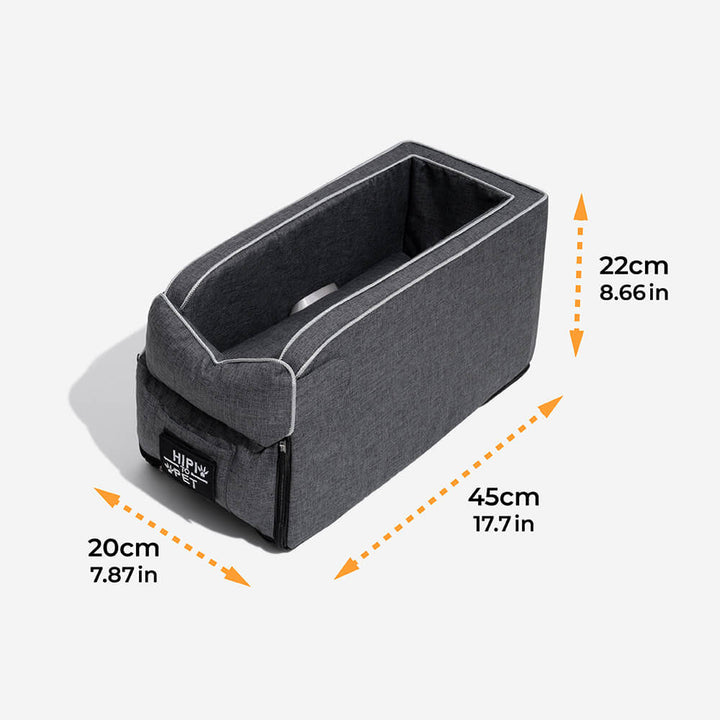 Side view of grey suede dog car seat, showing secure straps for pet travel.