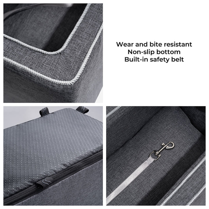 Pet car seat for console, square design, plush grey suede, ideal for small dogs