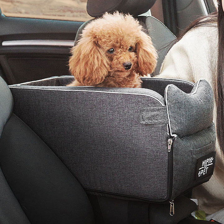 Close-up of the soft grey suede fabric of a dog console lookout car seat
