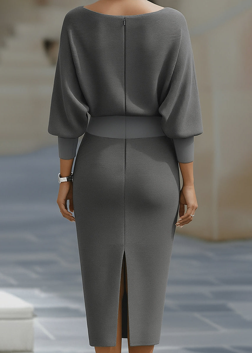 Formal women's dress: black draped batwing midi with an elegant cowl neck, chic for evening wear.