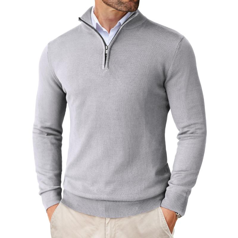 Men's smart casual quarter zip knit sweater. Versatile cotton merino long sleeve pullover for everyday wear.