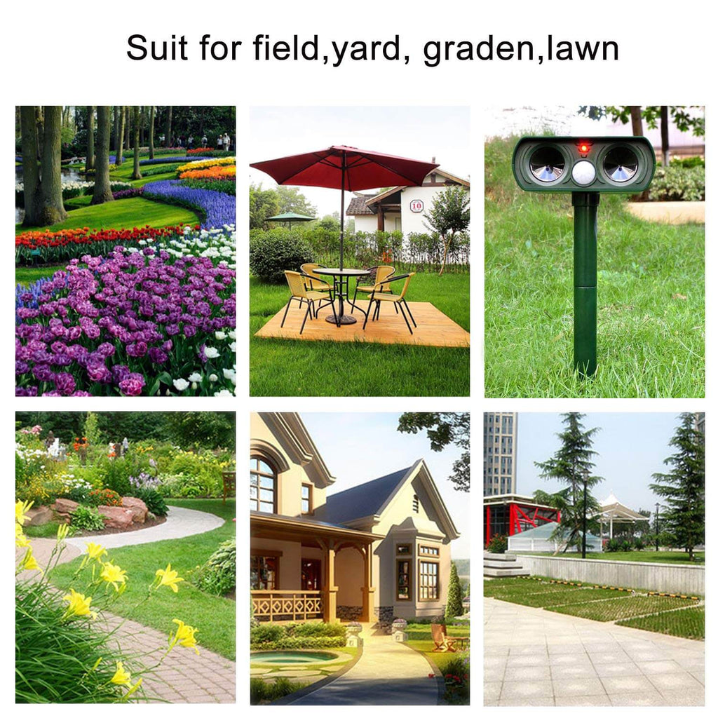 "Grüner solarbetriebener Ultraschall Tiervertreiber mit Infrarotsensor, ideal zur umweltfreundlichen Tierabwehr im Garten."