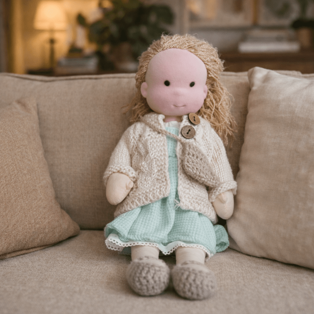 Natural cotton Waldorf doll, handcrafted & eco-friendly, promoting imaginative play for kids.