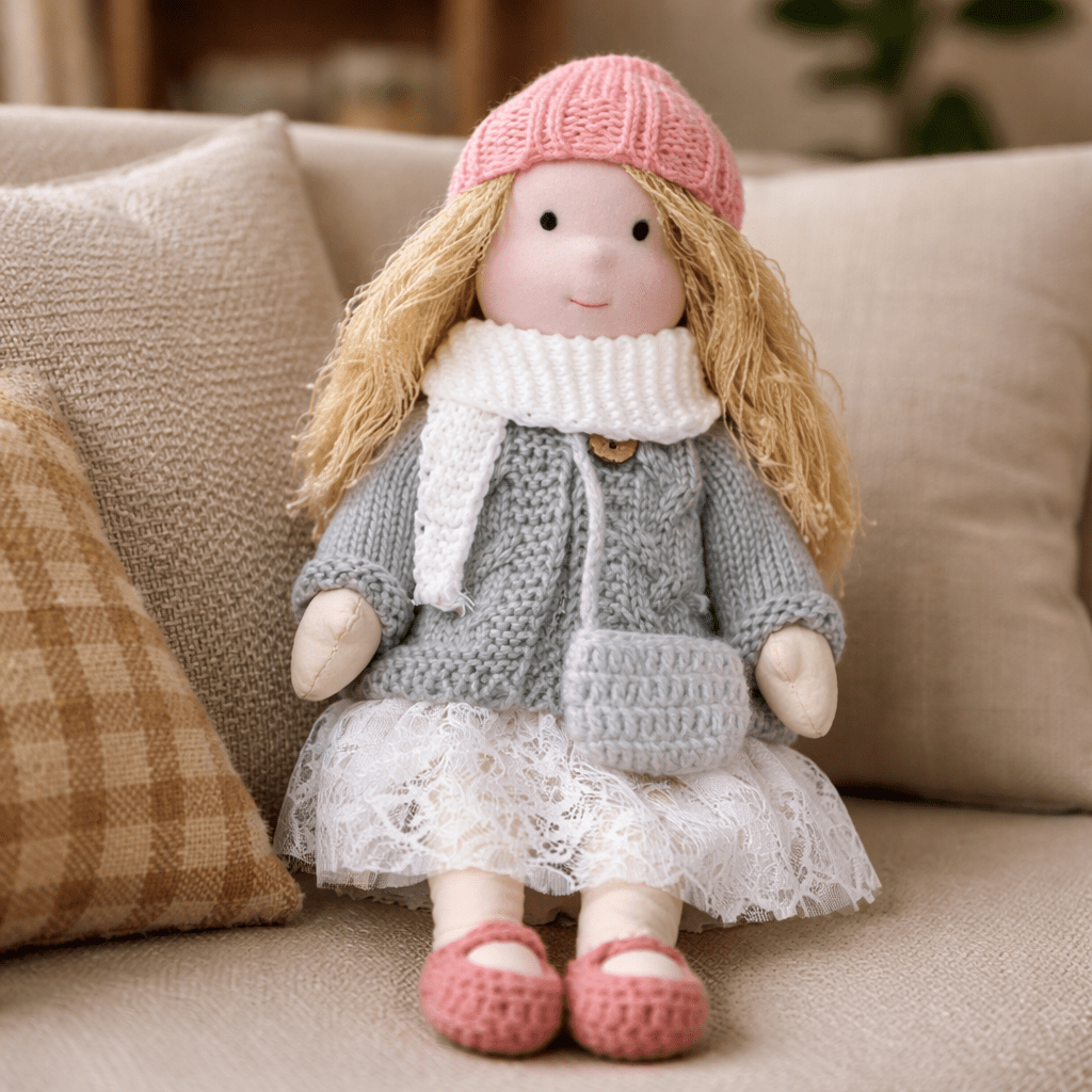 Charming Waldorf doll, natural cotton, handcrafted gift for children's imaginative play.