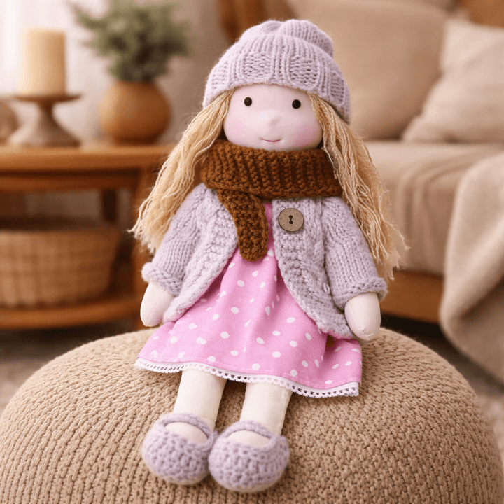Sweet handcrafted Waldorf doll, soft cotton, perfect companion for imaginative kids' stories.