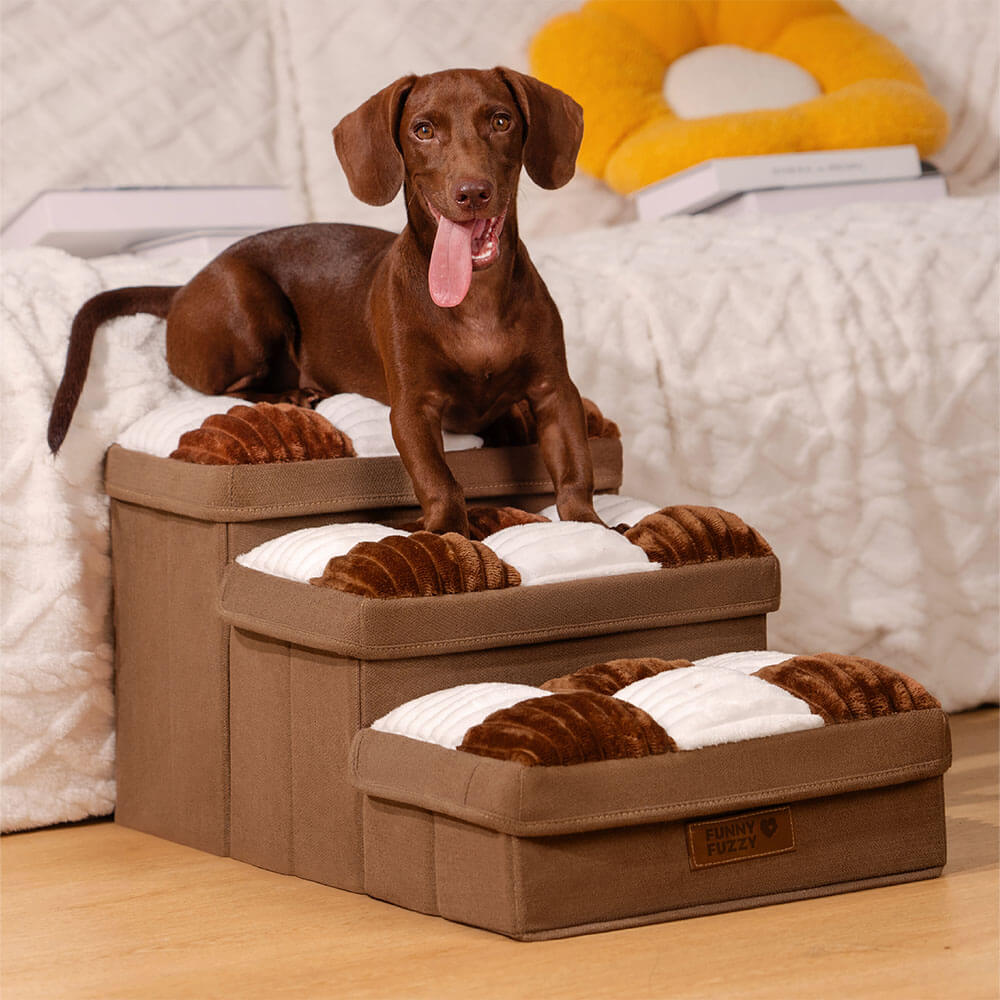 "Handgefertigte, graue Hundetreppe mit Stauraum, schützt Gelenke, rutschfest, ideal für ältere Hunde und Wohnungsdekor."