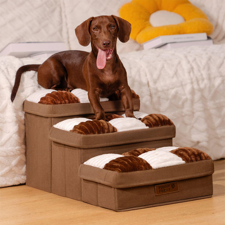 "Handgefertigte, graue Hundetreppe mit Stauraum, schützt Gelenke, rutschfest, ideal für ältere Hunde und Wohnungsdekor."