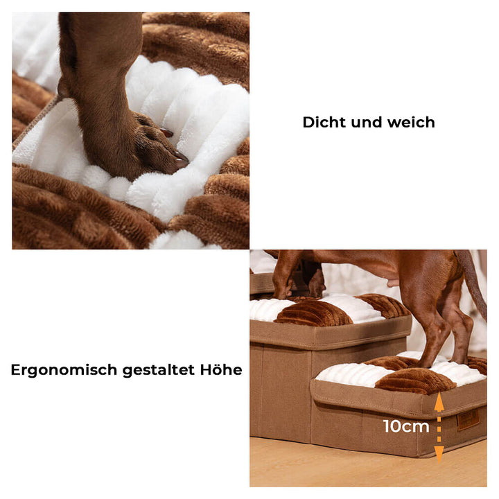 "Handgefertigte, graue Hundetreppe mit Stauraum, schützt Gelenke, rutschfest, ideal für ältere Hunde und Wohnungsdekor."
