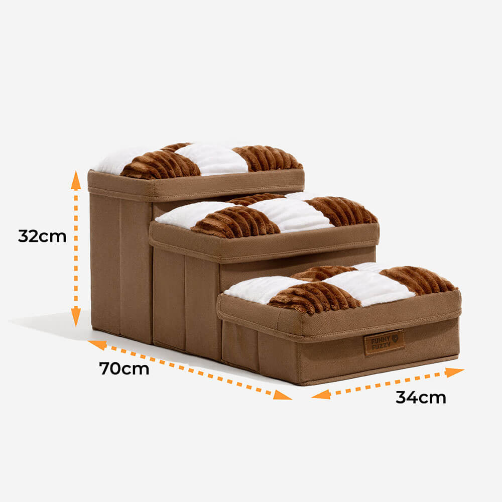 "Handgefertigte, graue Hundetreppe mit Stauraum, schützt Gelenke, rutschfest, ideal für ältere Hunde und Wohnungsdekor."