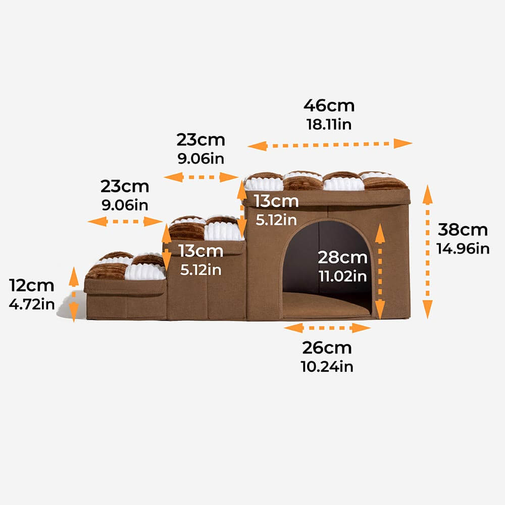 "Handgefertigte, graue Hundetreppe mit Stauraum, schützt Gelenke, rutschfest, ideal für ältere Hunde und Wohnungsdekor."