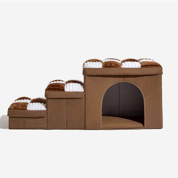 "Handgefertigte, graue Hundetreppe mit Stauraum, schützt Gelenke, rutschfest, ideal für ältere Hunde und Wohnungsdekor."