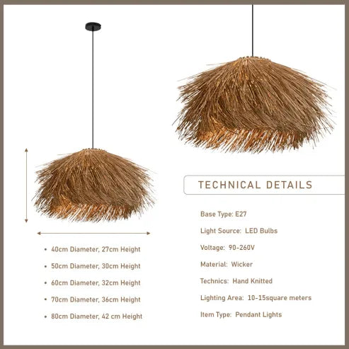 "Handgefertigte Rattan-Pendelleuchte im Vintage-Stil, mit schwarzem Eisen-Baldachin, für Wohnzimmer oder Esstisch."