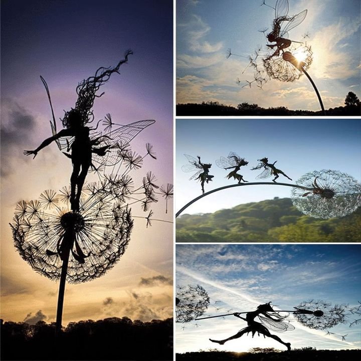 Handgefertigte, wetterfeste Metallfiguren für den Garten, kunstvoll gestaltet, ideal für fantasievolle Dekorationen.