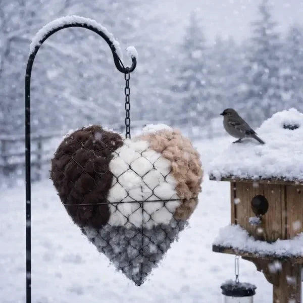 Bird friendly garden decor: durable alpaca fiber nesting heart, a thoughtful gift.
