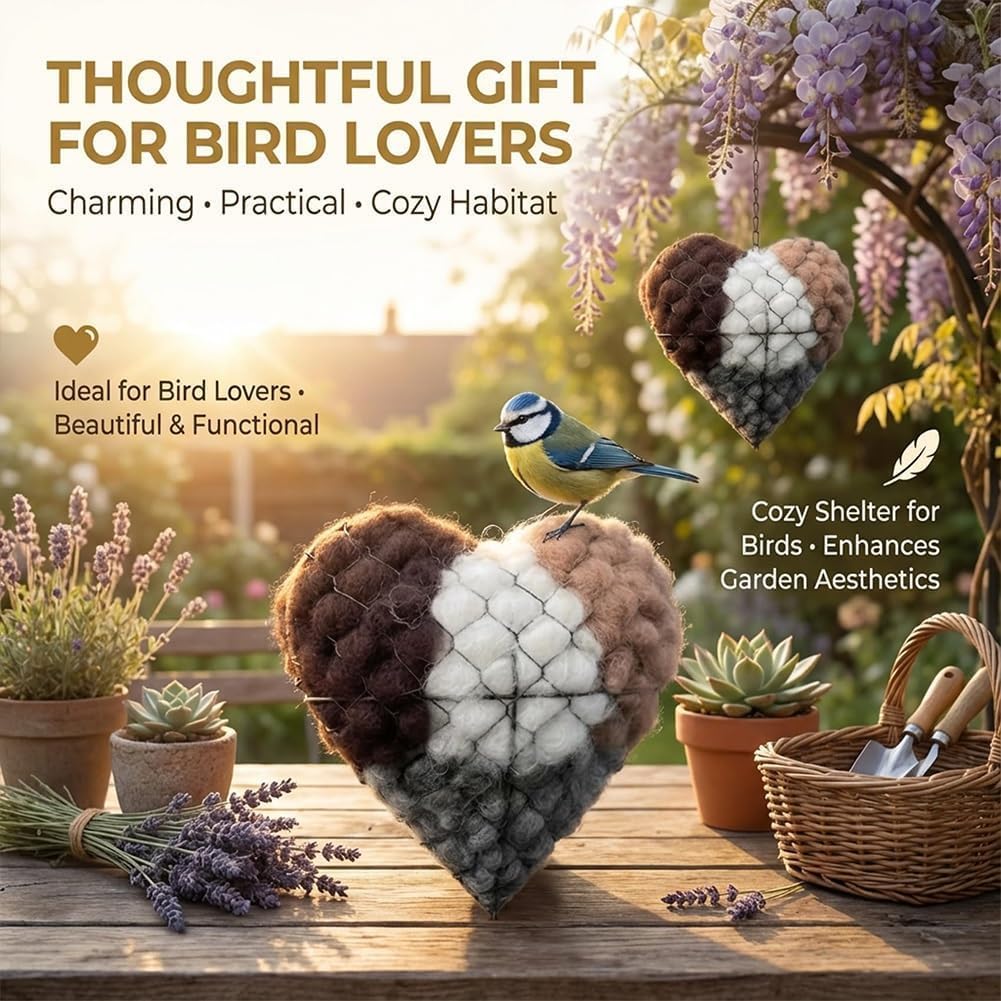 Charming handmade alpaca fiber heart, perfect nesting material for garden birds.