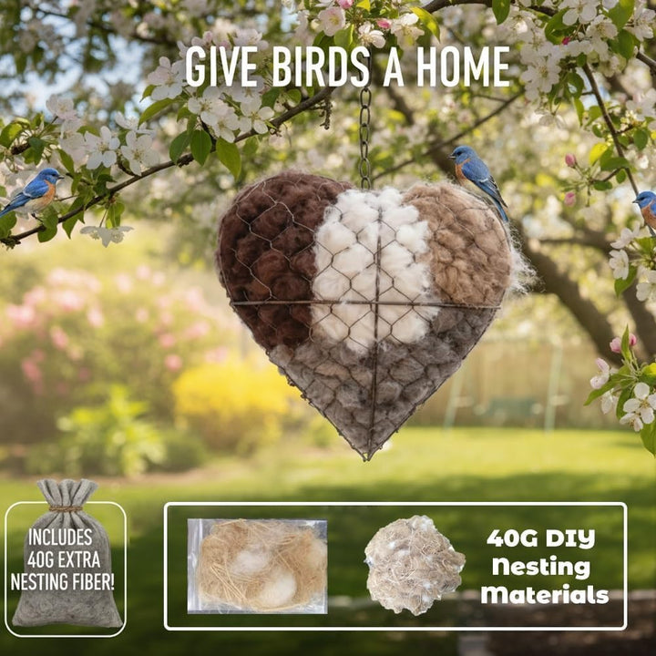 Garden decor: sustainable alpaca fiber bird nesting heart, a unique bird lover gift.