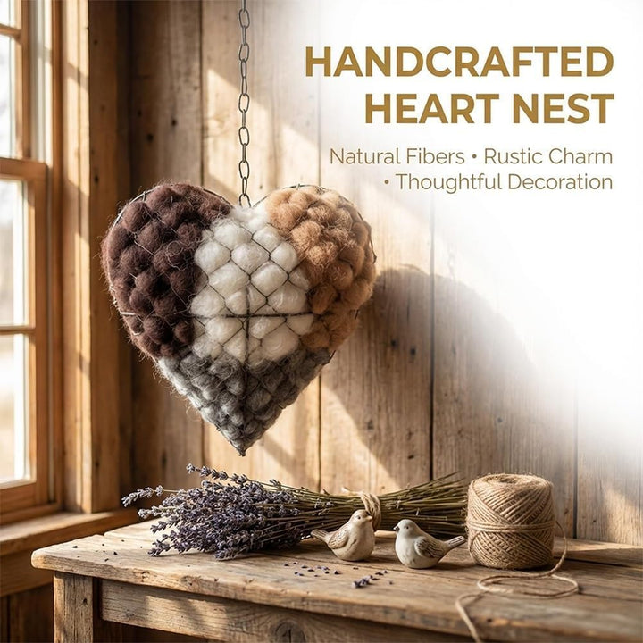 Eco-friendly alpaca fiber nesting heart, providing warmth for garden birds.