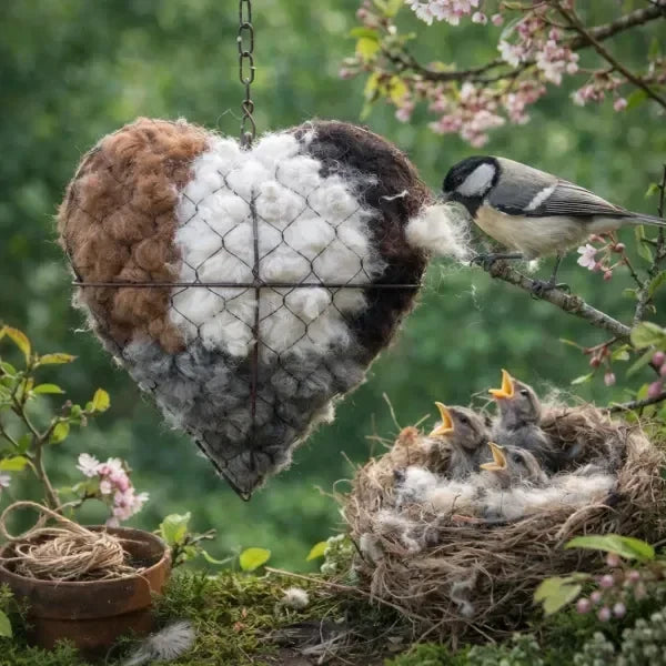 Sustainable pet supplies: alpaca fiber bird nesting heart, natural garden addition.