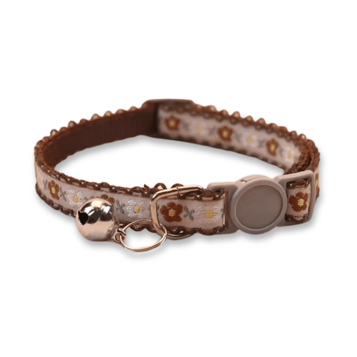 A charming handmade floral pet collar in multiple colors, perfect for a puppy or cat, with bell.