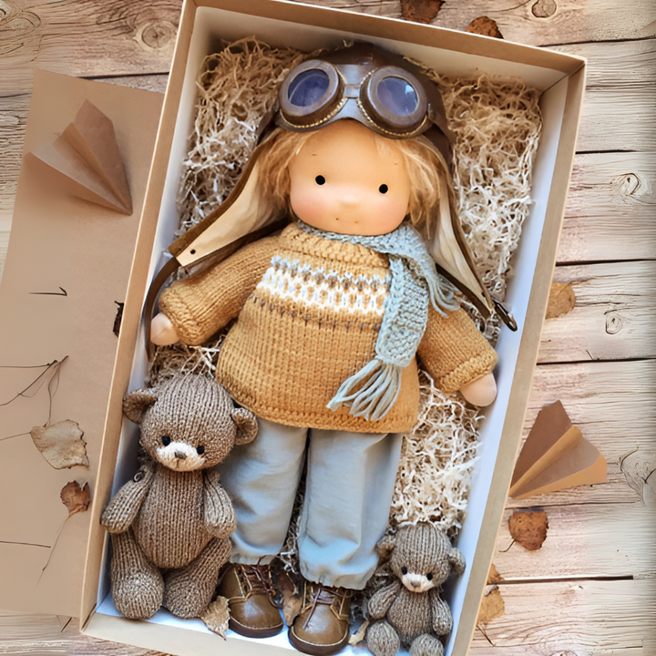 Natural Waldorf doll, handmade from organic cotton & wool, perfect for toddlers.
