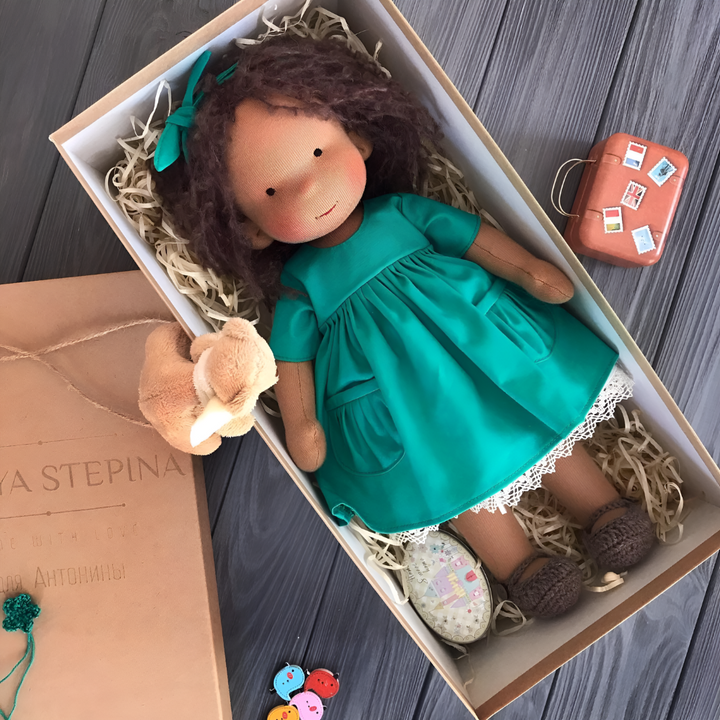 Handmade Waldorf doll, a unique cloth toy made from natural wool for imaginative play.