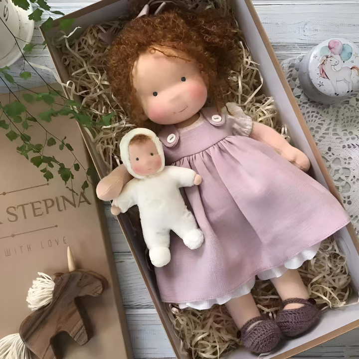 Soft Waldorf cloth doll, an organic cotton children's toy, promoting gentle imaginative play.