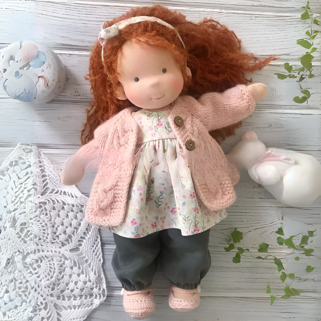 Waldorf wool doll, a handmade natural toy for toddlers, encouraging imaginative exploration.