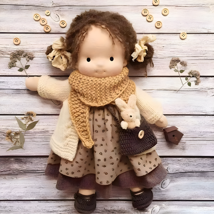 Children's handmade Waldorf doll, a soft wool toy for imaginative and educational play.