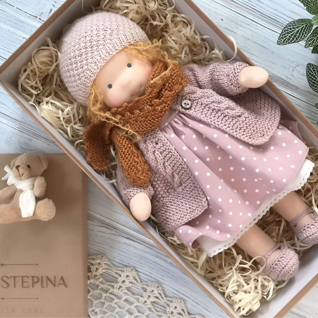 Imaginative Waldorf cloth doll, organic cotton, a gentle handmade toy for young children.