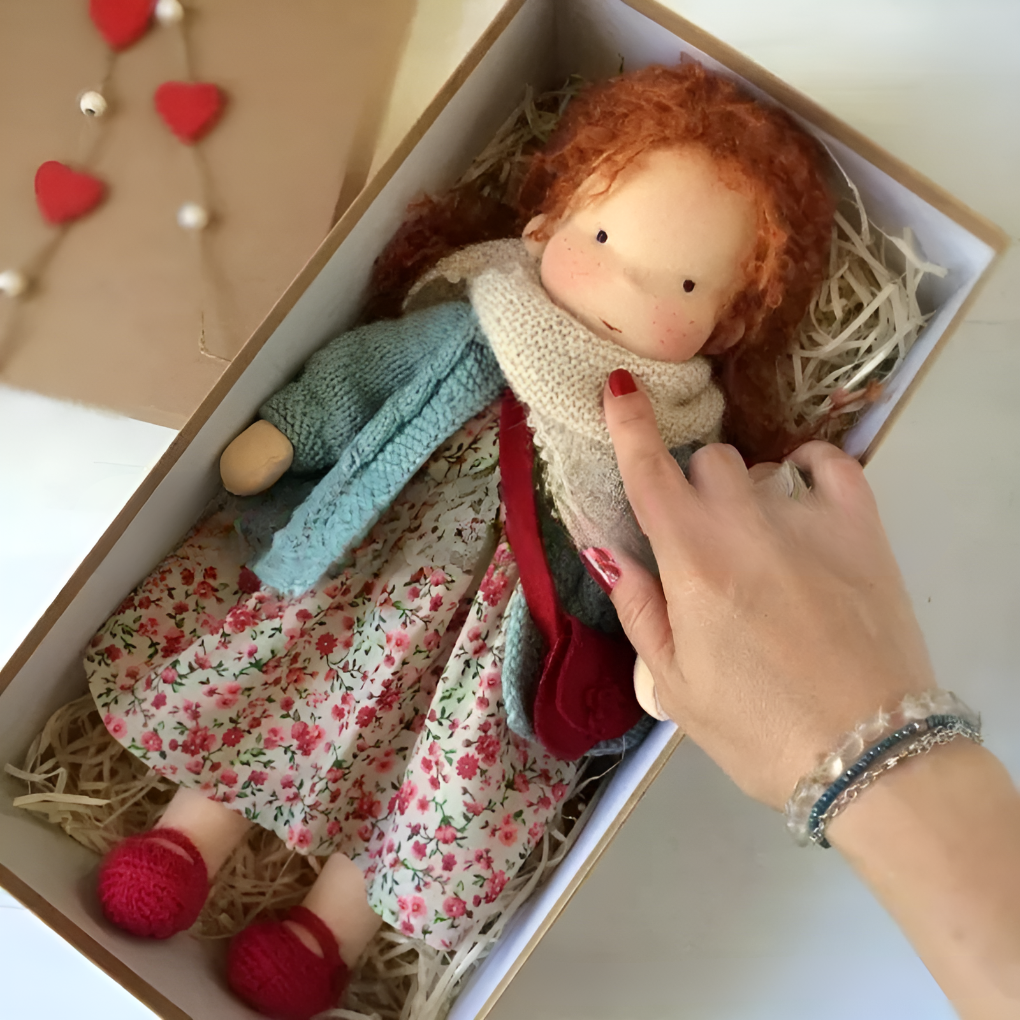 Waldorf doll for imaginative play, a soft handmade organic cotton & wool children's toy.