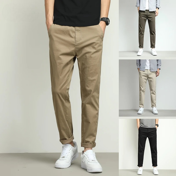 Men's stylish green performance tech trousers. Stretch, wrinkle-free, perfect for comfort & travel.