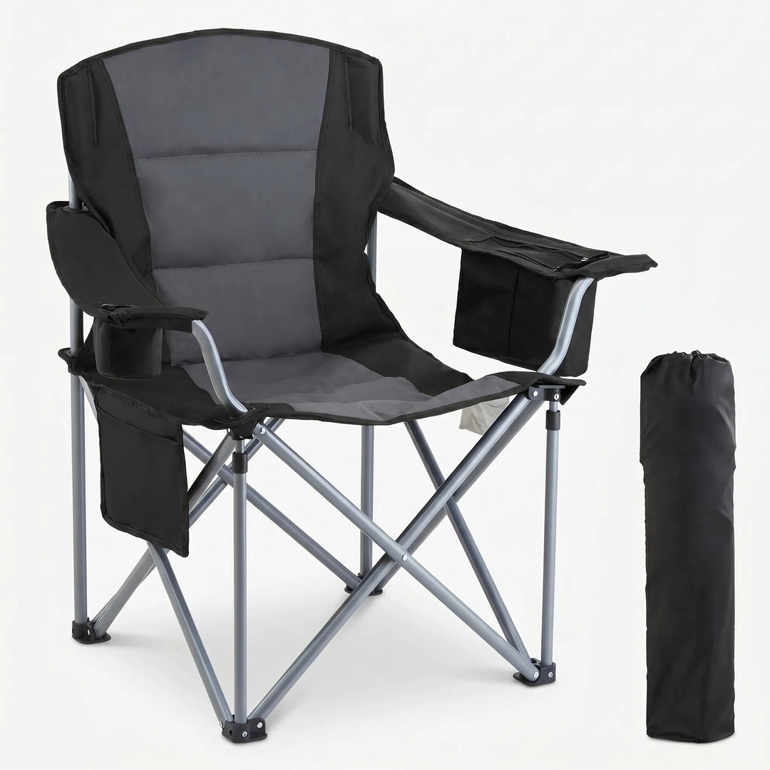 Sturdy heavy duty portable folding camping chair with durable frame, ideal for outdoor seating, travel, and camp use.