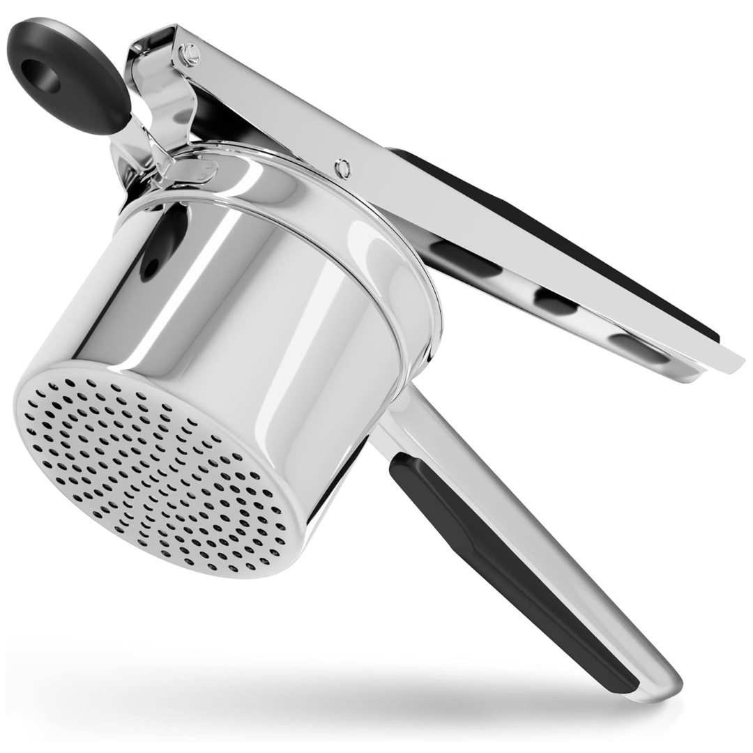 Heavy-duty stainless steel potato masher for smooth, lump-free mashed potatoes in any home kitchen.
