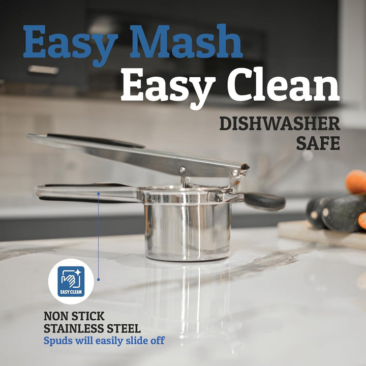 Stainless steel potato masher ready on a kitchen counter, a must-have gadget for healthy meal prep.