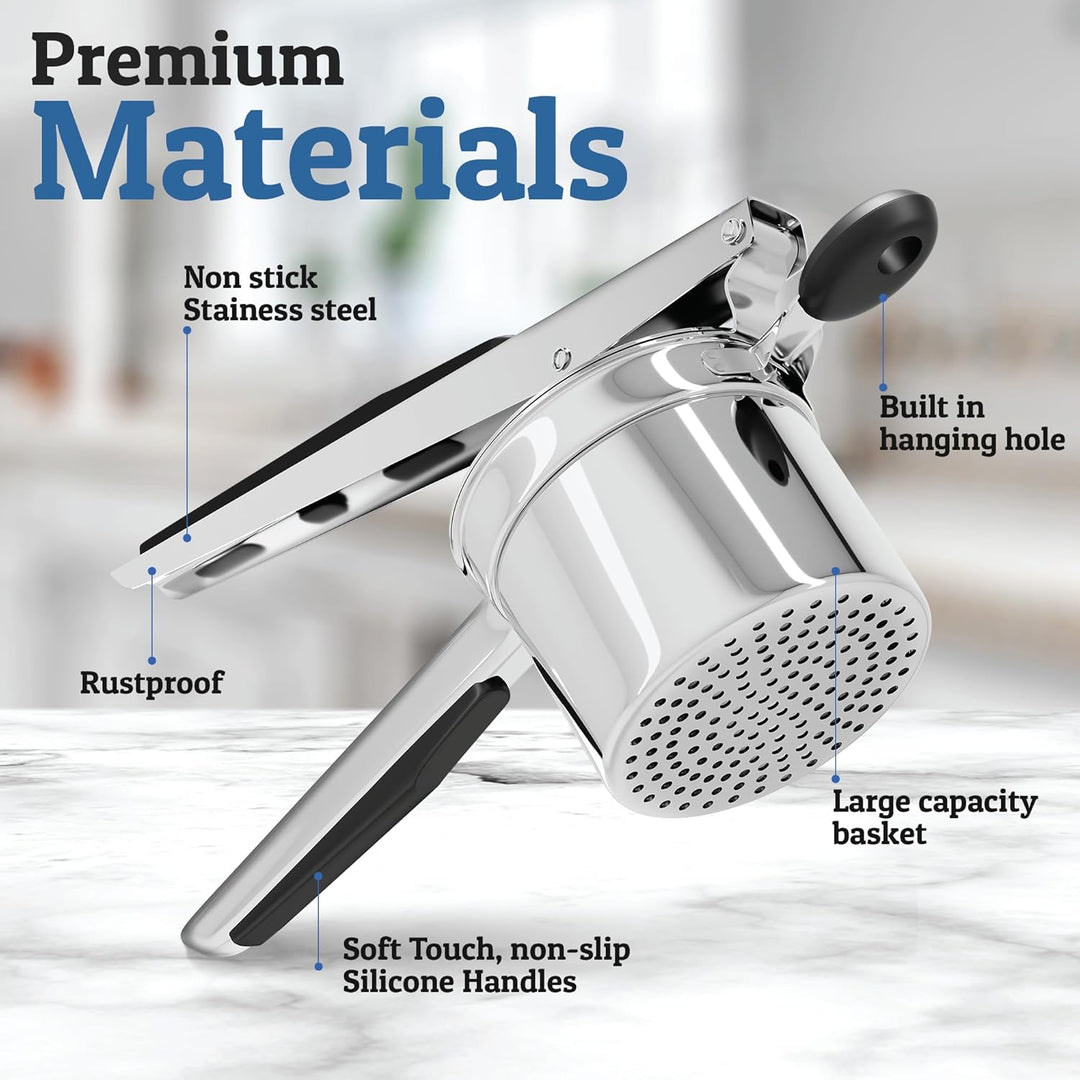 Heavy-duty construction stainless steel potato masher, built to last for all your mashing needs.