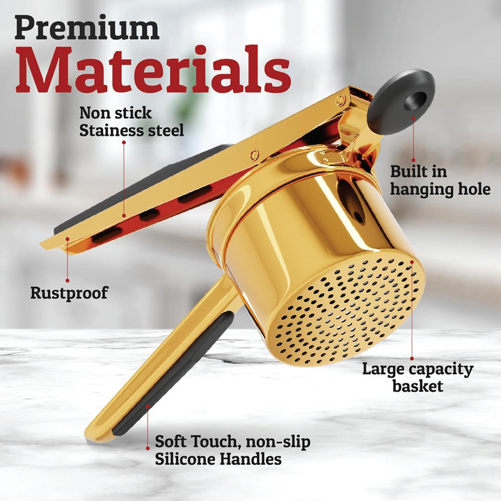 Sleek stainless steel potato masher, a modern kitchen gadget for efficient food preparation.