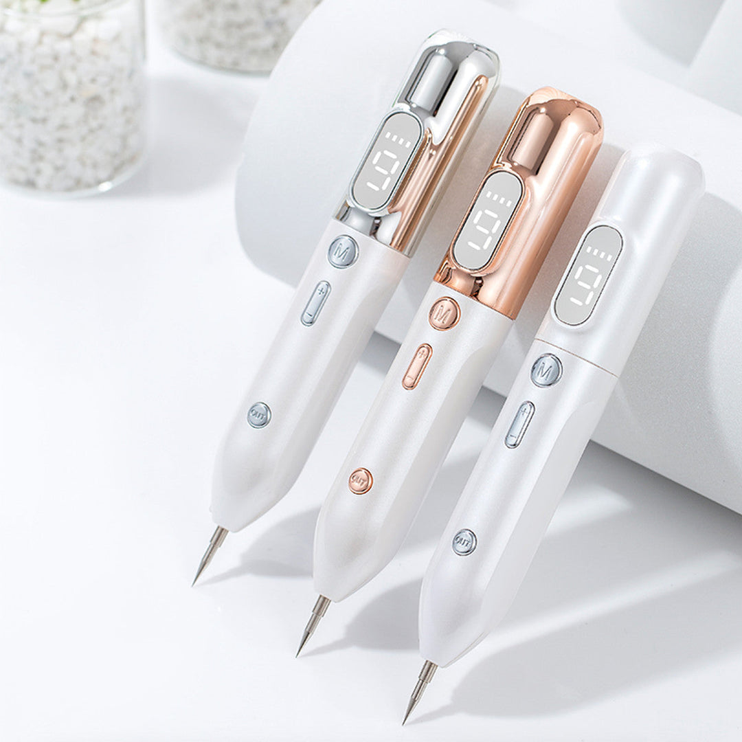 "Hellgoldener Plasma Pen zur Hautverjüngung mit vielfacher Intensitätseinstellung für Faltenreduzierung und Straffung."