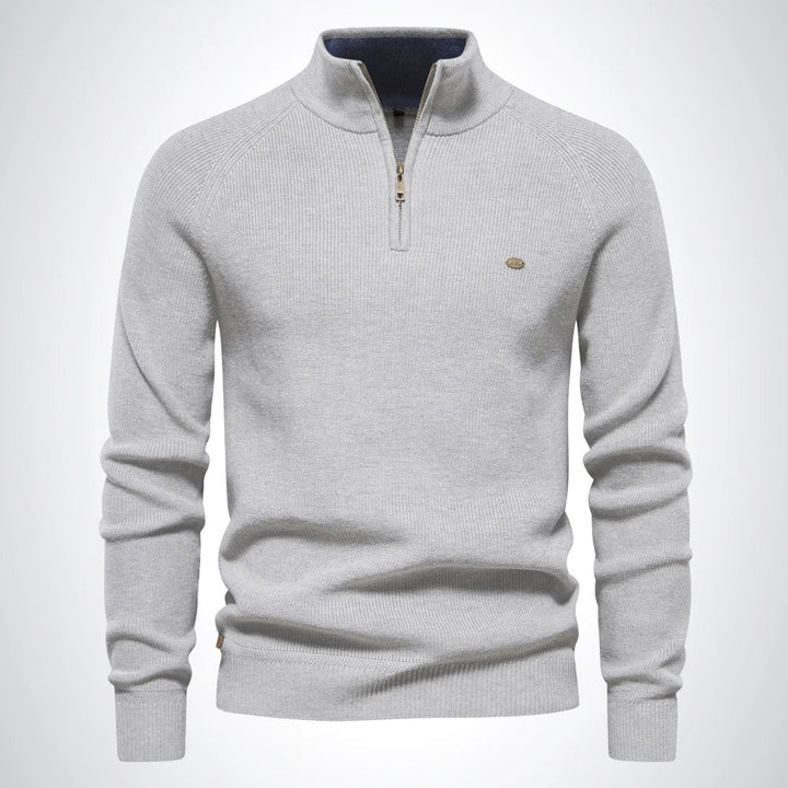 "Herren Baumwoll-Pullover in Beige mit Reißverschluss und Kragen, pflegeleicht und elegant für Alltag und besondere Anlässe."