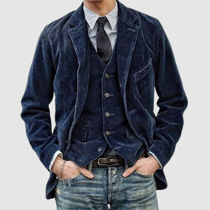 "Herren Cord-Blazer mit Weste, elegantes Set in zeitlosem Stil und komfortabler Passform, perfekt für formelle Anlässe."