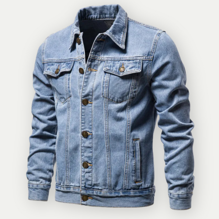 "Herren Jeans-Trucker-Jacke in robustem Denim, klassischer Schnitt, Detailansicht mit verstellbaren Manschetten und Taille."