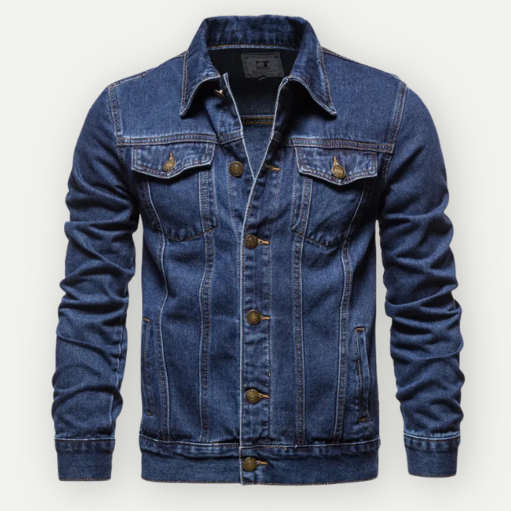 "Herren Jeans-Trucker-Jacke in robustem Denim, klassischer Schnitt, Detailansicht mit verstellbaren Manschetten und Taille."