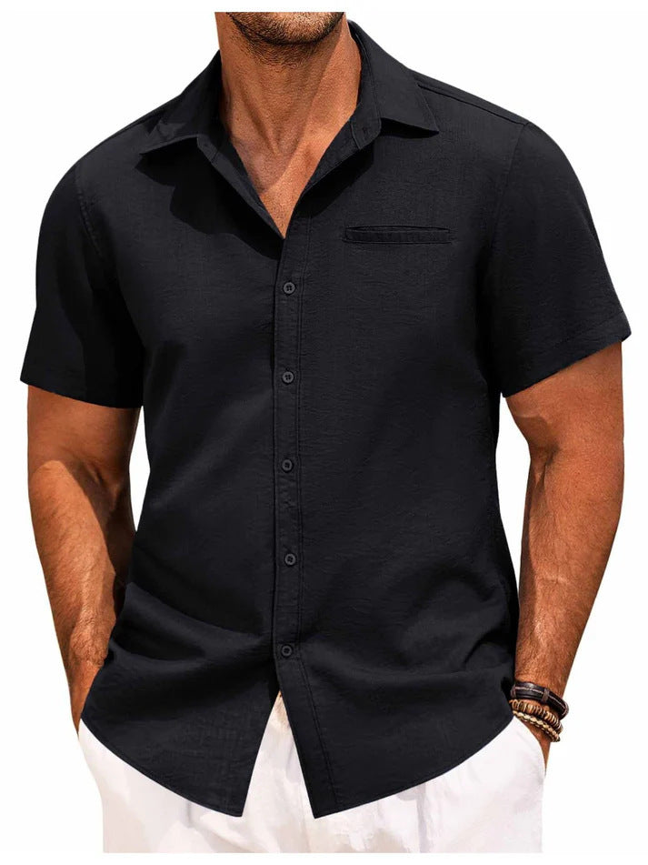 "Herren Kurzarmhemd S-3XL in modernem Schnitt aus Baumwolle und Leinen, elegantes Design in Blau für Büro oder Freizeit."