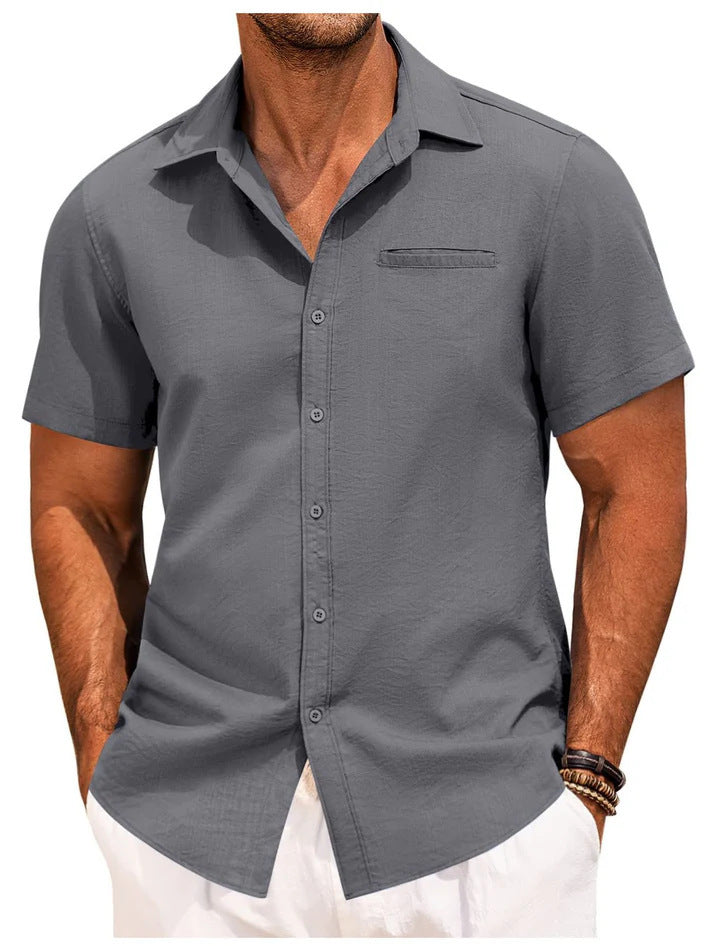 "Herren Kurzarmhemd S-3XL in modernem Schnitt aus Baumwolle und Leinen, elegantes Design in Blau für Büro oder Freizeit."