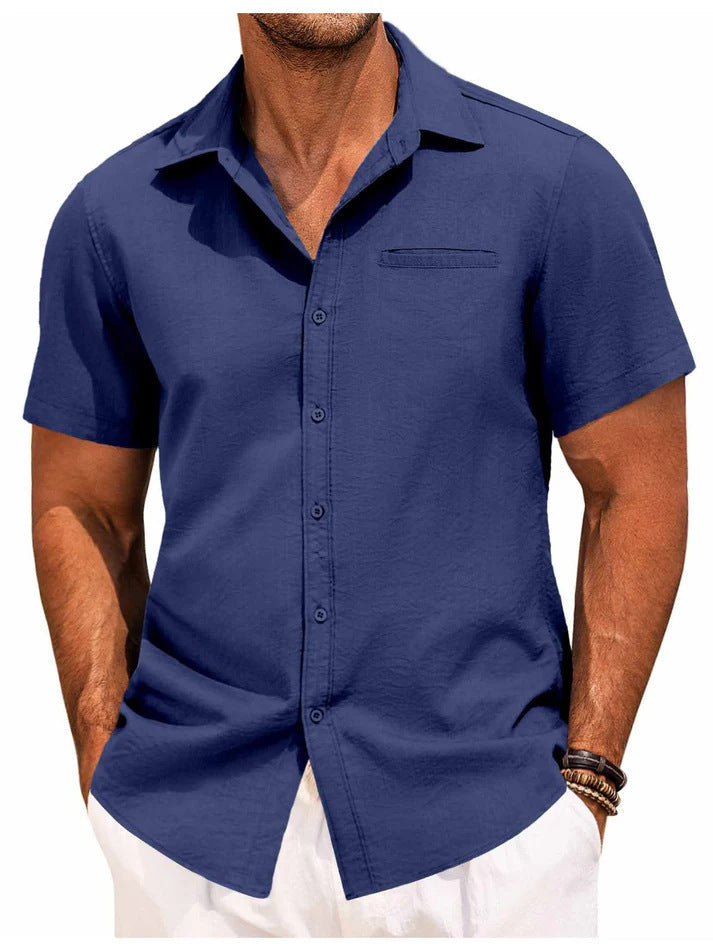 "Herren Kurzarmhemd S-3XL in modernem Schnitt aus Baumwolle und Leinen, elegantes Design in Blau für Büro oder Freizeit."