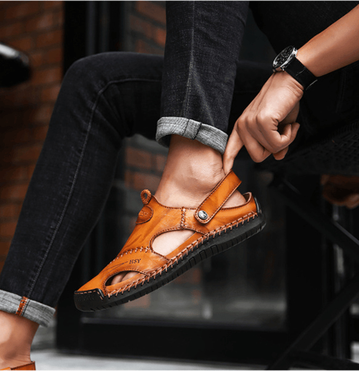 "Herren Leder Sandalen mit doppeltem Band, atmungsaktiv und langlebig, tragbar als Slipper oder Römersandale, ideal für Somme