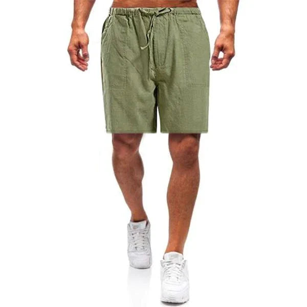 "Herren Leinen Shorts, atmungsaktiv, in verschiedenen Farben, mit elastischem Bund und Kordelzug, ideal für Sommer."