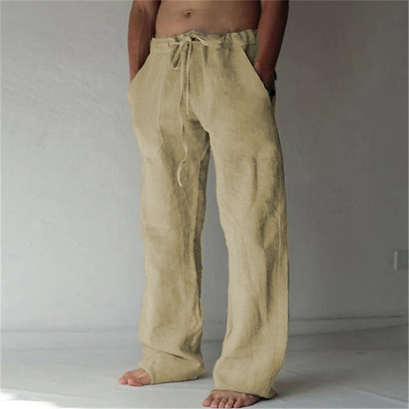 "Herren Leinenhose, atmungsaktiv, lässig, ideal für Sommer, beige, bequeme Passform, knöchellang, perfekt für warme Tage."