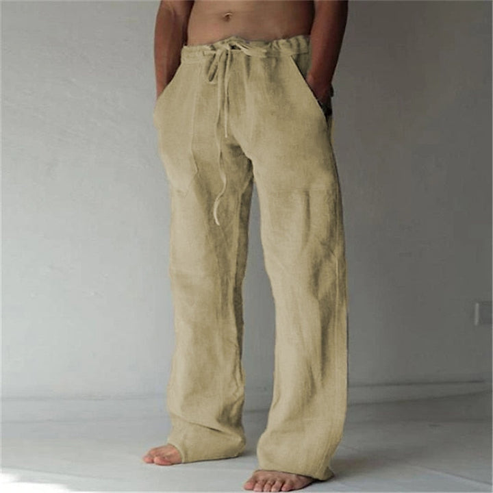 "Herren Leinenhose, atmungsaktiv, lässig, ideal für Sommer, beige, bequeme Passform, knöchellang, perfekt für warme Tage."