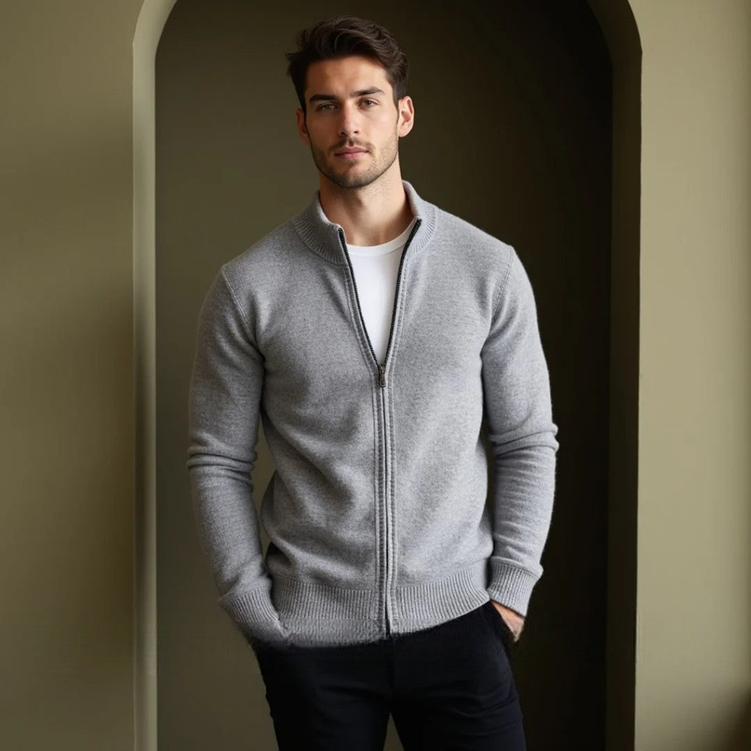 "Herren Merino Wolle Strickjacke mit Reißverschluss, grau meliert, komfortabel, atmungsaktiv, ideal für verschiedene Anlässe.