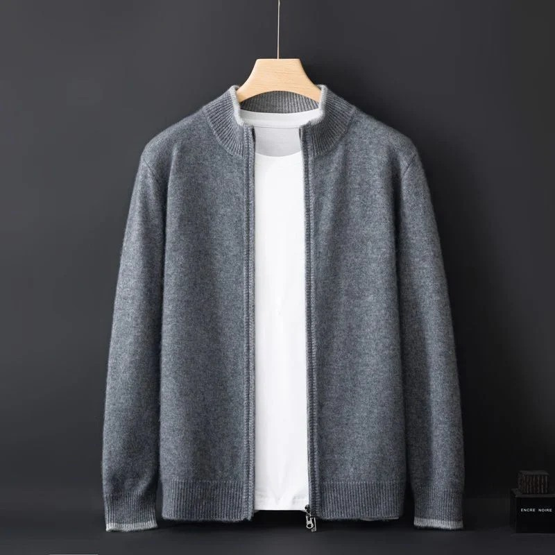 "Herren Merino Wolle Strickjacke mit Reißverschluss, grau meliert, komfortabel, atmungsaktiv, ideal für verschiedene Anlässe.